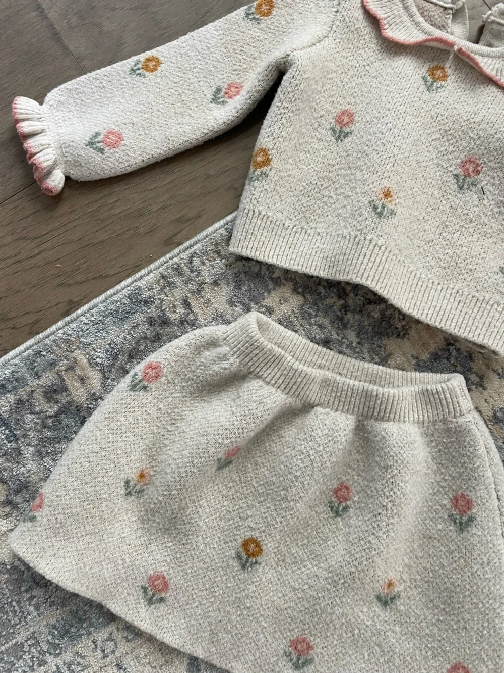 Girls Two-Piece Knit Floral Sweater Set - Cream with Pink & Mustard Flowers